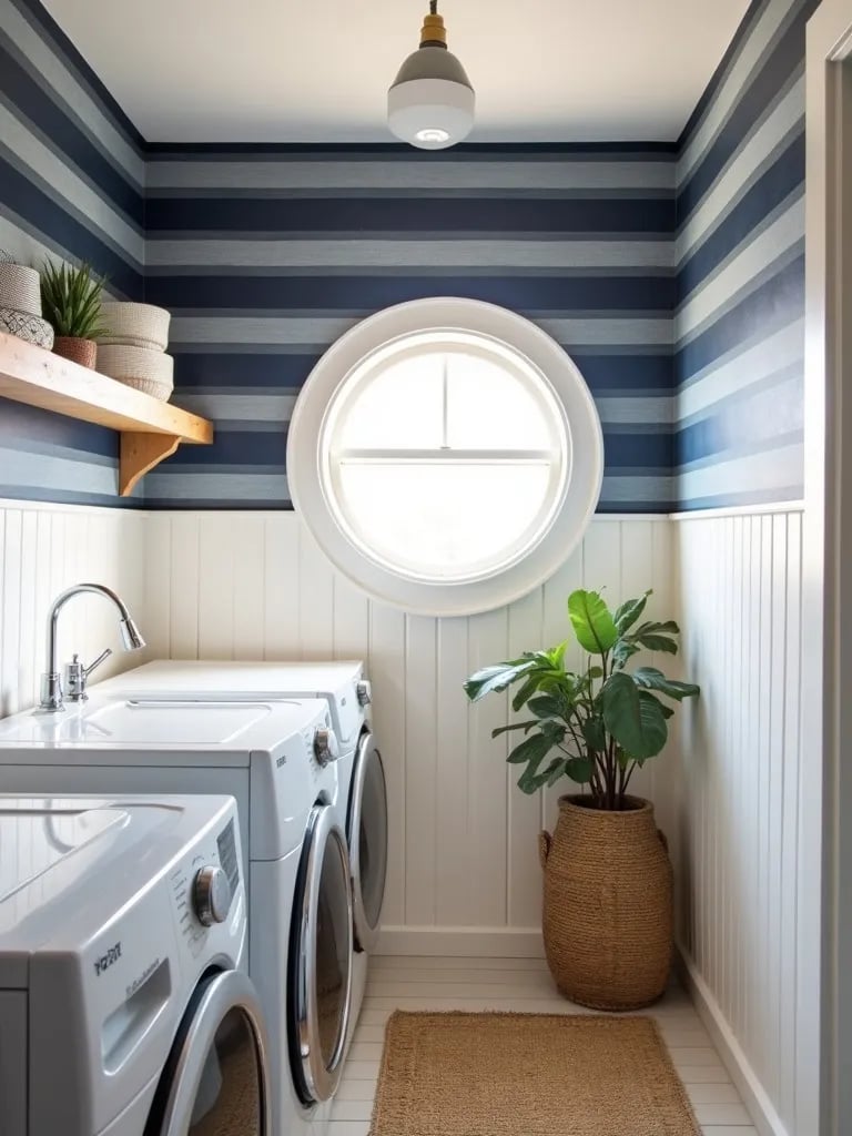 Nautical laundry room featuring blue and white striped wallpaper and rattan accents