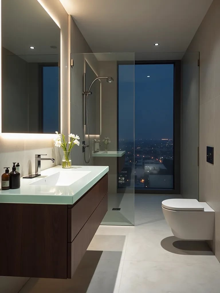 Night view of bathroom with sleek glass vanity and LED lighting