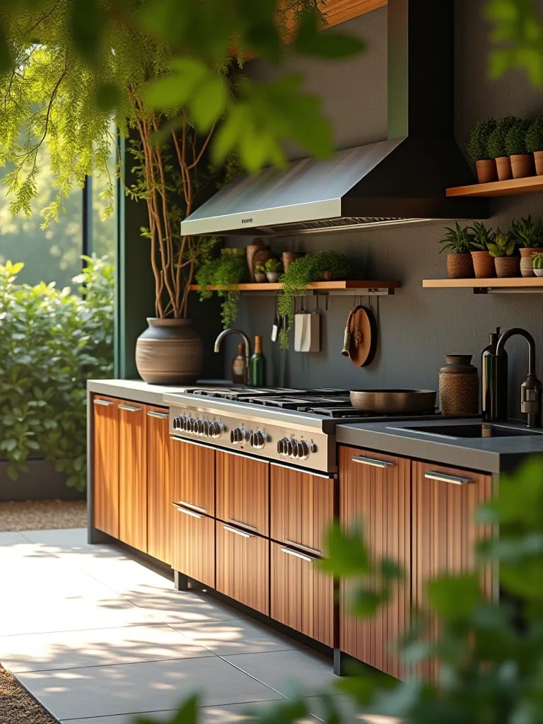 Night view of luxury outdoor kitchen with marble, copper, and fire features
