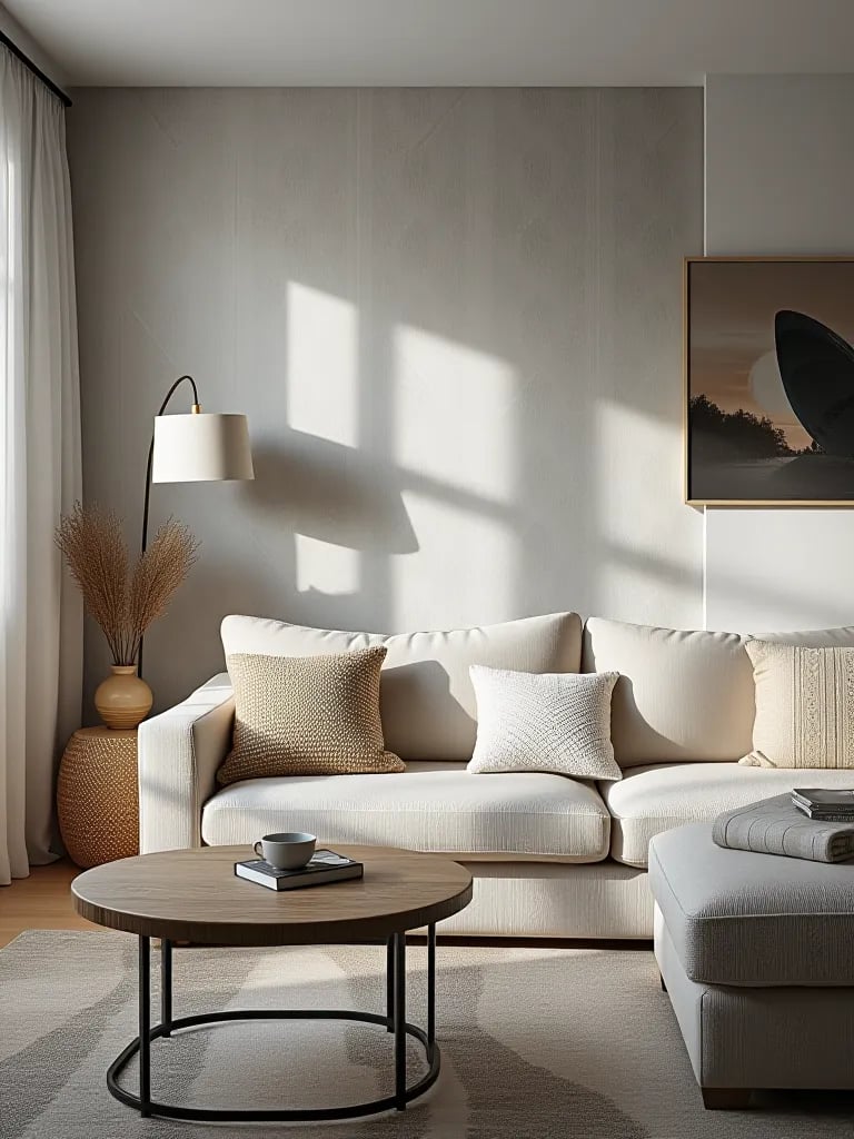 Nordic inspired living room featuring soft grey geometric wallpaper and cozy textiles