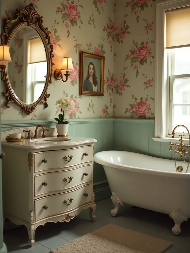 Nostalgic bathroom featuring repurposed dresser vanity and floral wallpaper