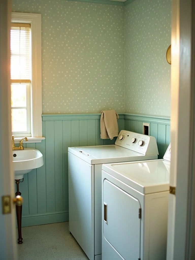 Nostalgic laundry room featuring blue and white polka dot wallpaper and vintage elements