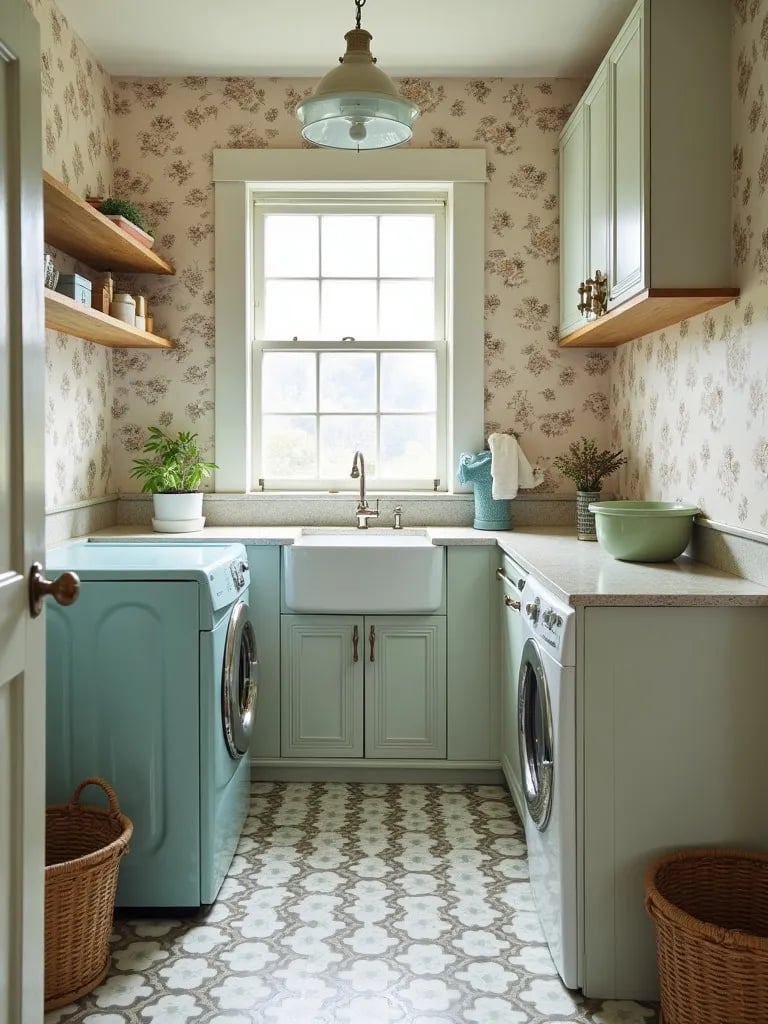 Nostalgic laundry space featuring toile wallpaper and retro appliances
