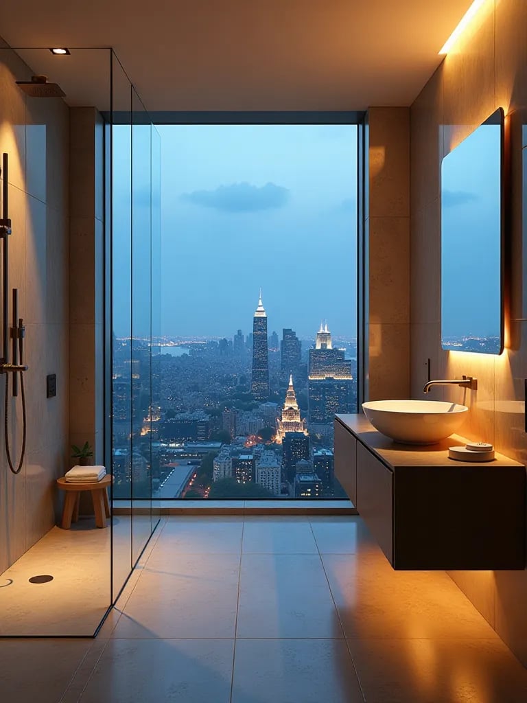 Open concept bathroom with glass shower and city view at dusk