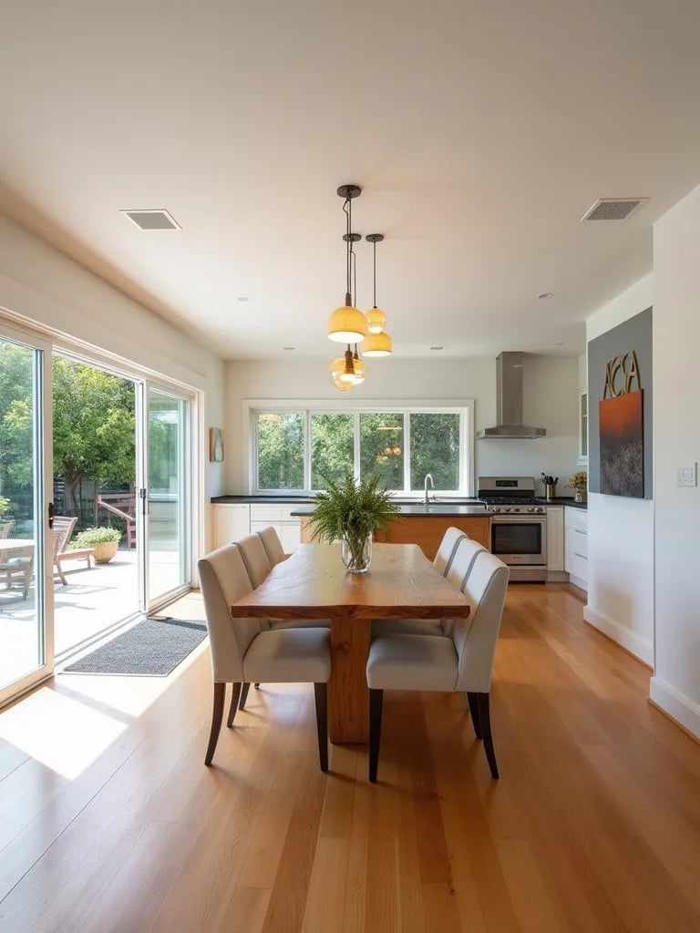 Open concept dining area with honey toned bamboo hardwood floors