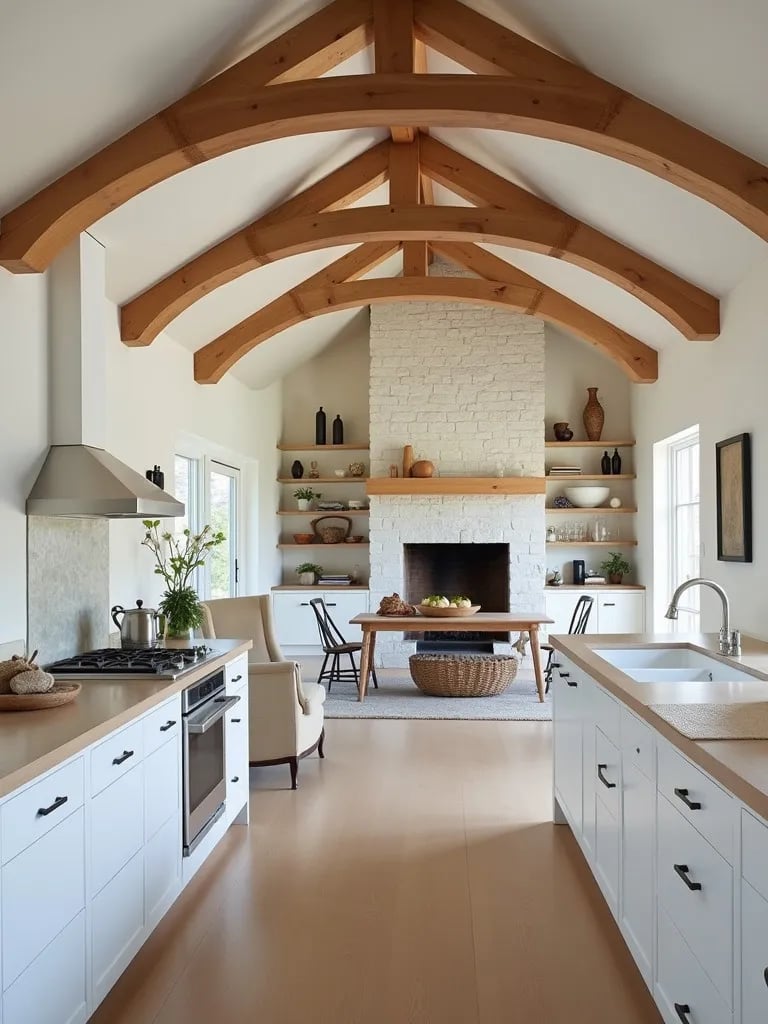 Open concept white kitchen with wooden beams and large fireplace