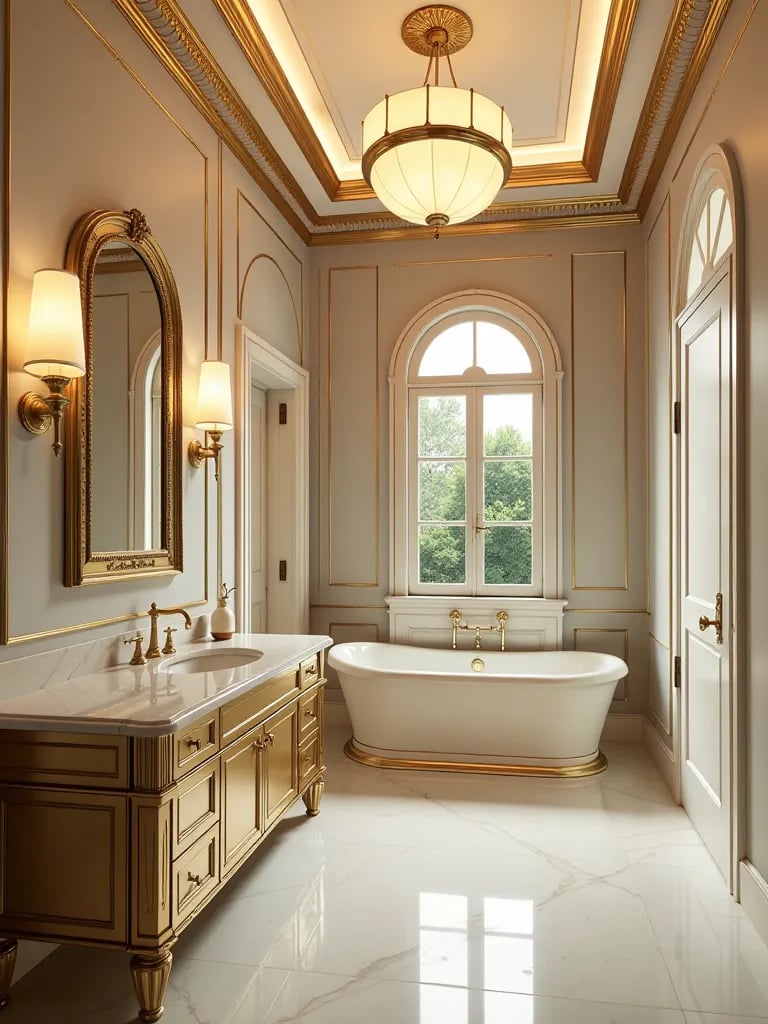 Opulent Art Deco bathroom with gold trimmed vanity and geometric mirror