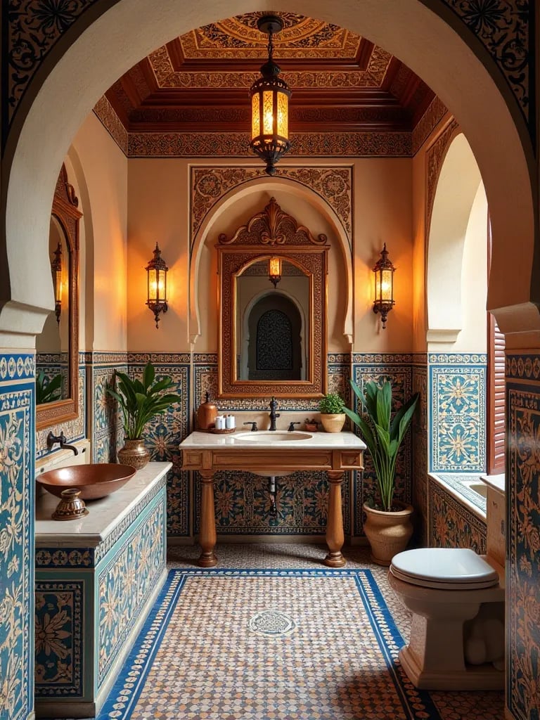 Opulent Moroccan inspired bathroom featuring intricate tilework and copper accents