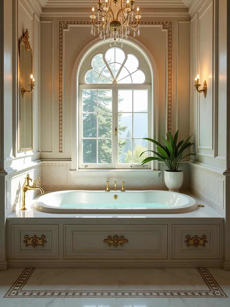 Opulent bathroom featuring gold fixtures, mosaic tiles, and chandelier