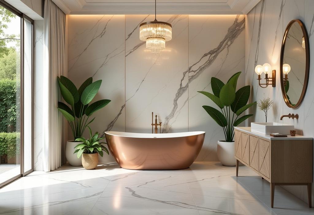 Opulent bathroom featuring marble, copper tub, and tropical plants
