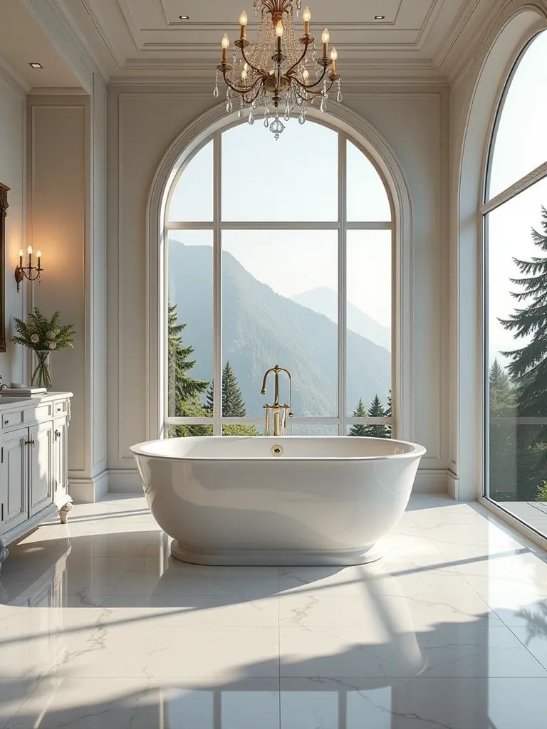 Opulent bathroom featuring marble, large windows, and elegant lighting