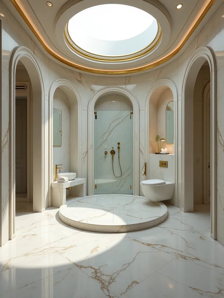 Opulent bathroom with circular shower and gold veined marble walls