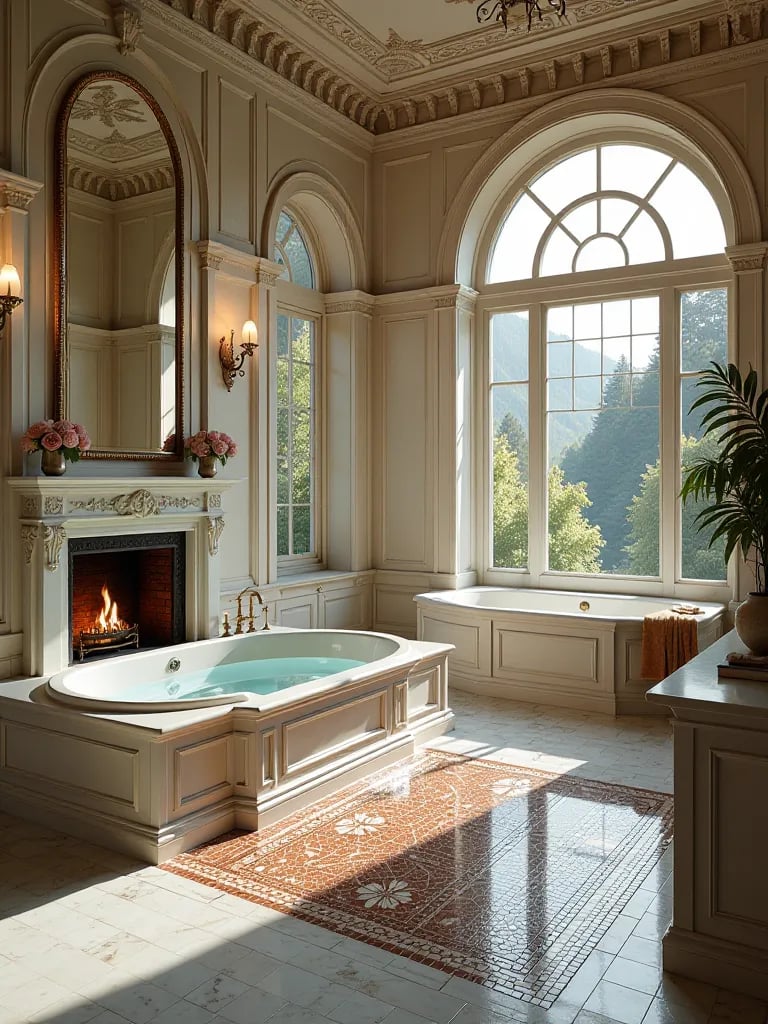Opulent bathroom with sunken Jacuzzi, mosaic tiles, and fireplace