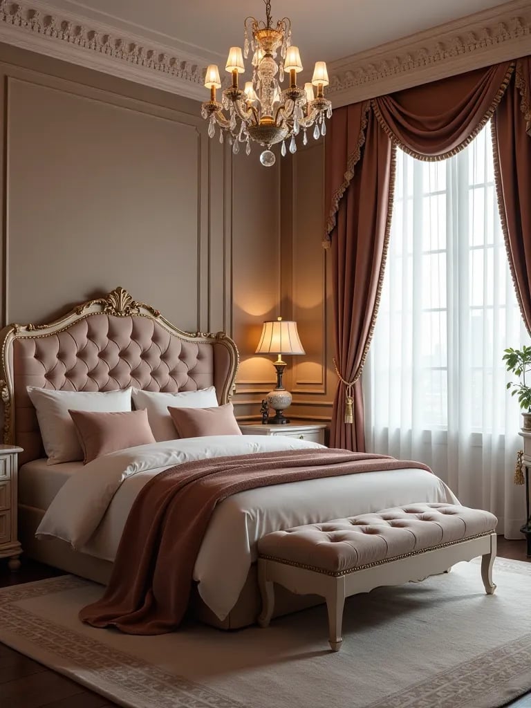 Opulent bedroom with velvet headboard and crystal chandelier