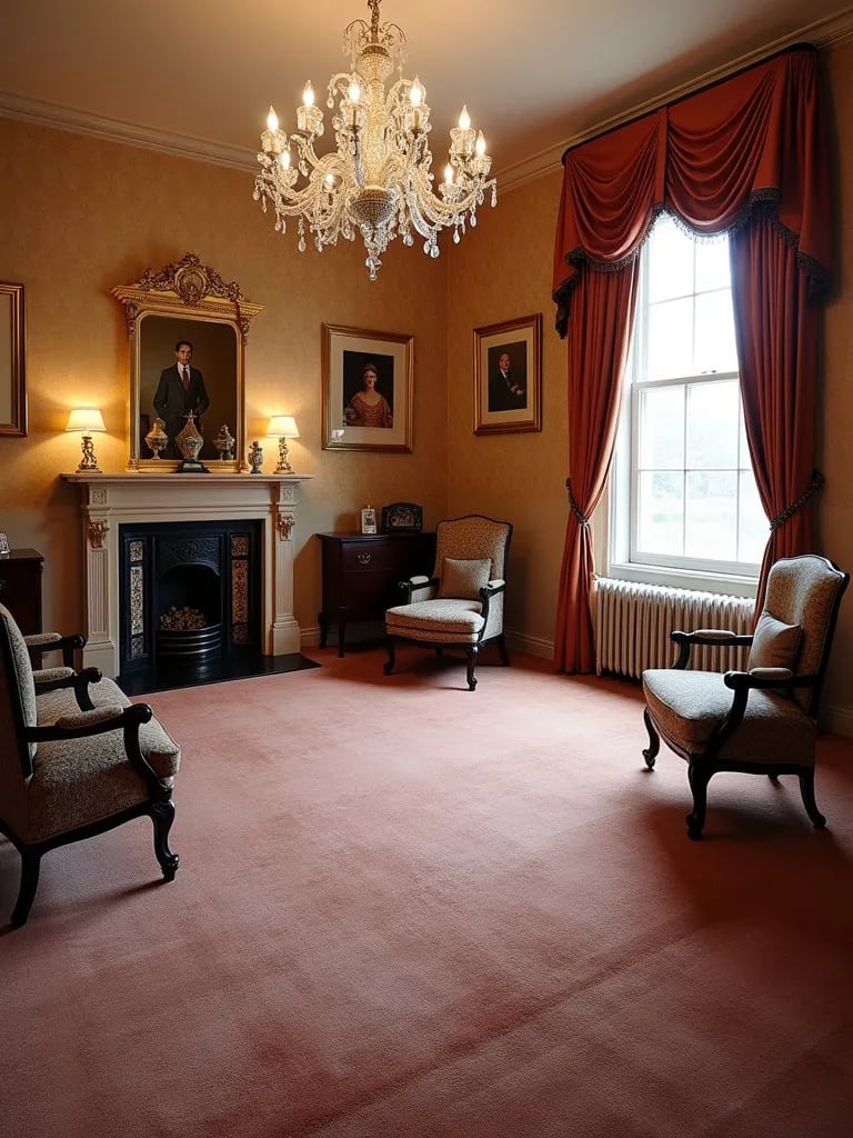 Opulent dining room with wall to wall wool carpeting and crystal chandelier