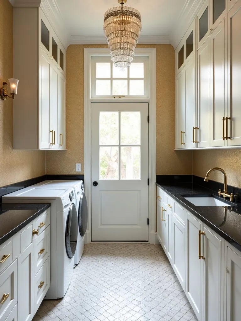 Opulent laundry room with gold Art Deco wallpaper and marble countertops