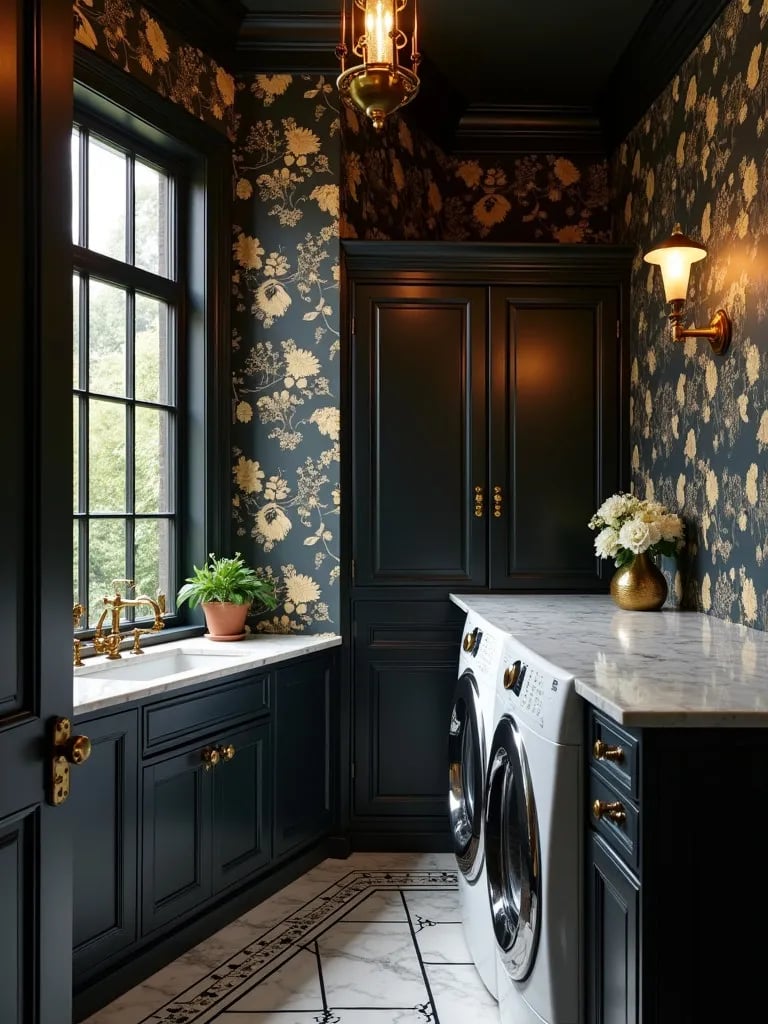 Opulent laundry space featuring moody floral wallpaper and marble countertop