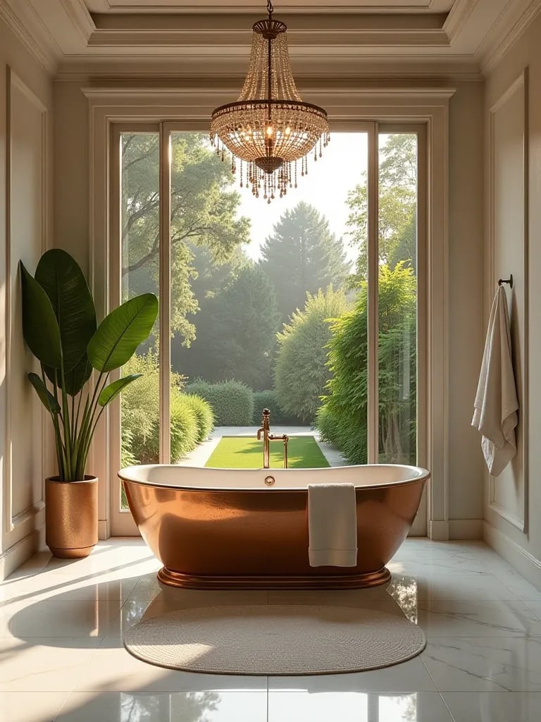 Opulent marble bathroom with copper tub and garden view at sunset