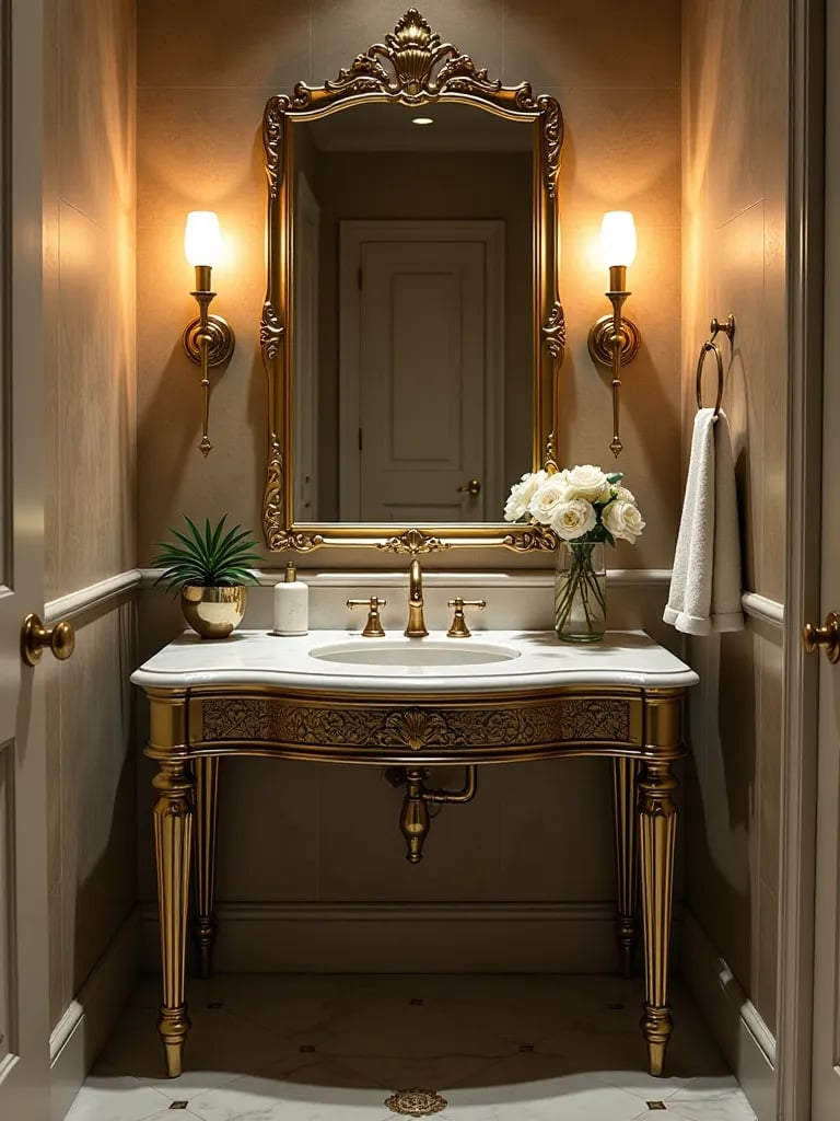 Opulent small bathroom featuring art deco vanity and ornate mirror