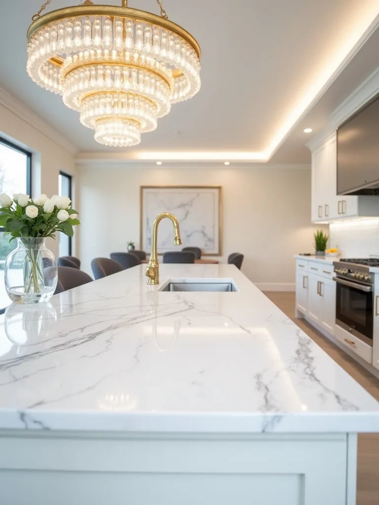 Opulent white kitchen with crystal chandelier and gold accents