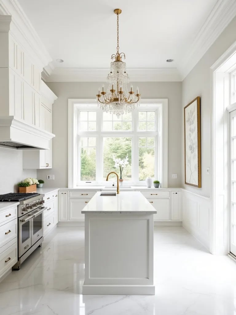 Opulent white kitchen with gold accents, chandelier, and custom cabinetry