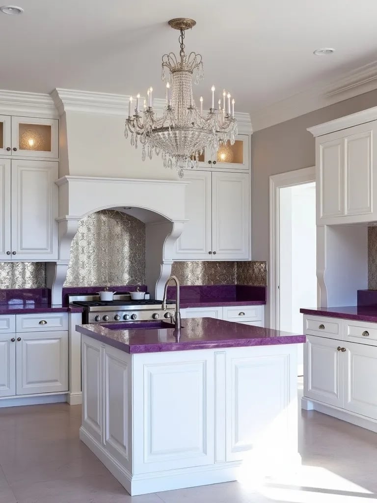 Opulent white kitchen with purple amethyst countertops and crystal chandelier
