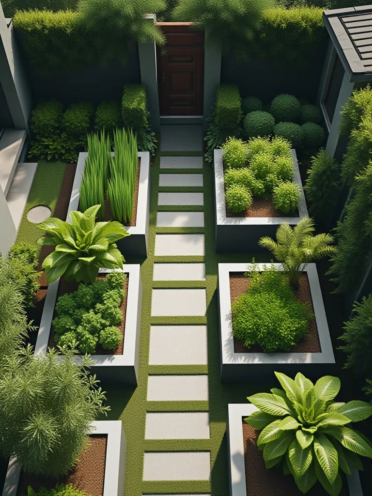 Organized backyard vegetable garden with square and rectangular planters