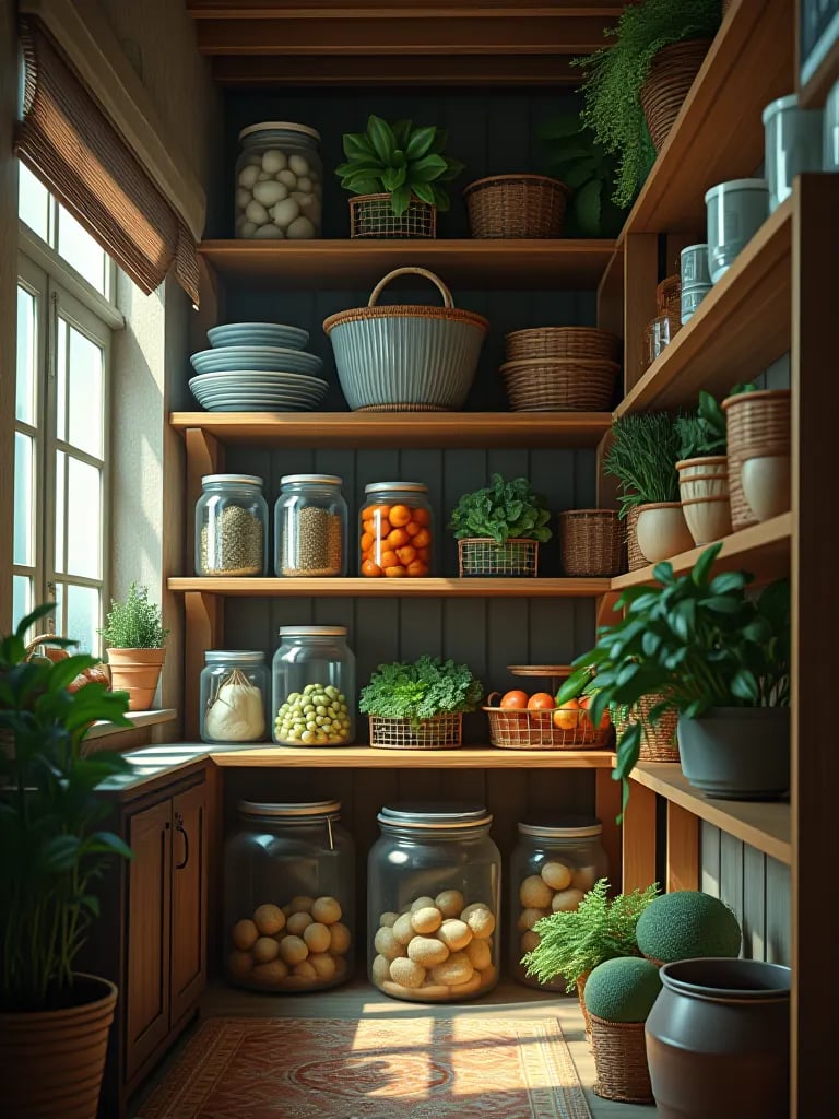 Organized pantry with stored container grown vegetables and herbs