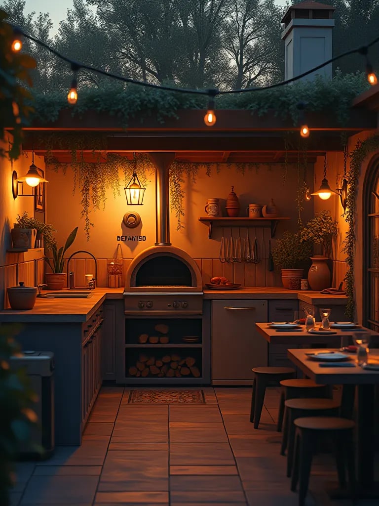 Outdoor kitchen with lit pizza oven and pendant light over dining area