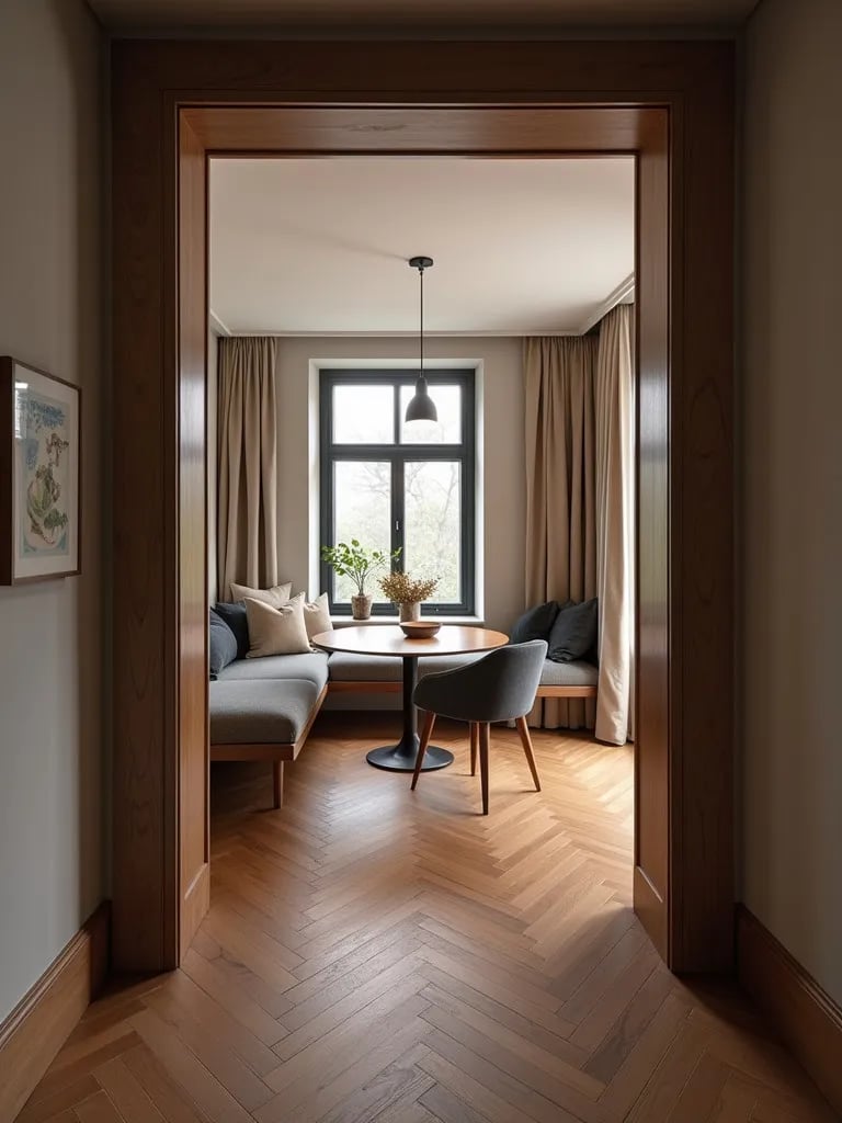 Overhead view of dining area with patterned walnut floors