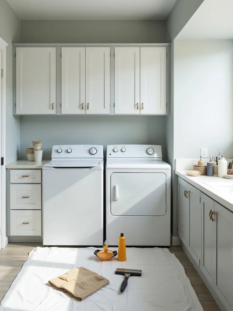 Overhead view of laundry room with painting supplies laid out