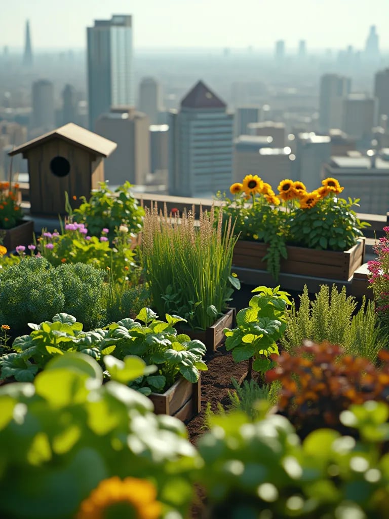 Panoramic view of rooftop container garden with diverse pest management methods