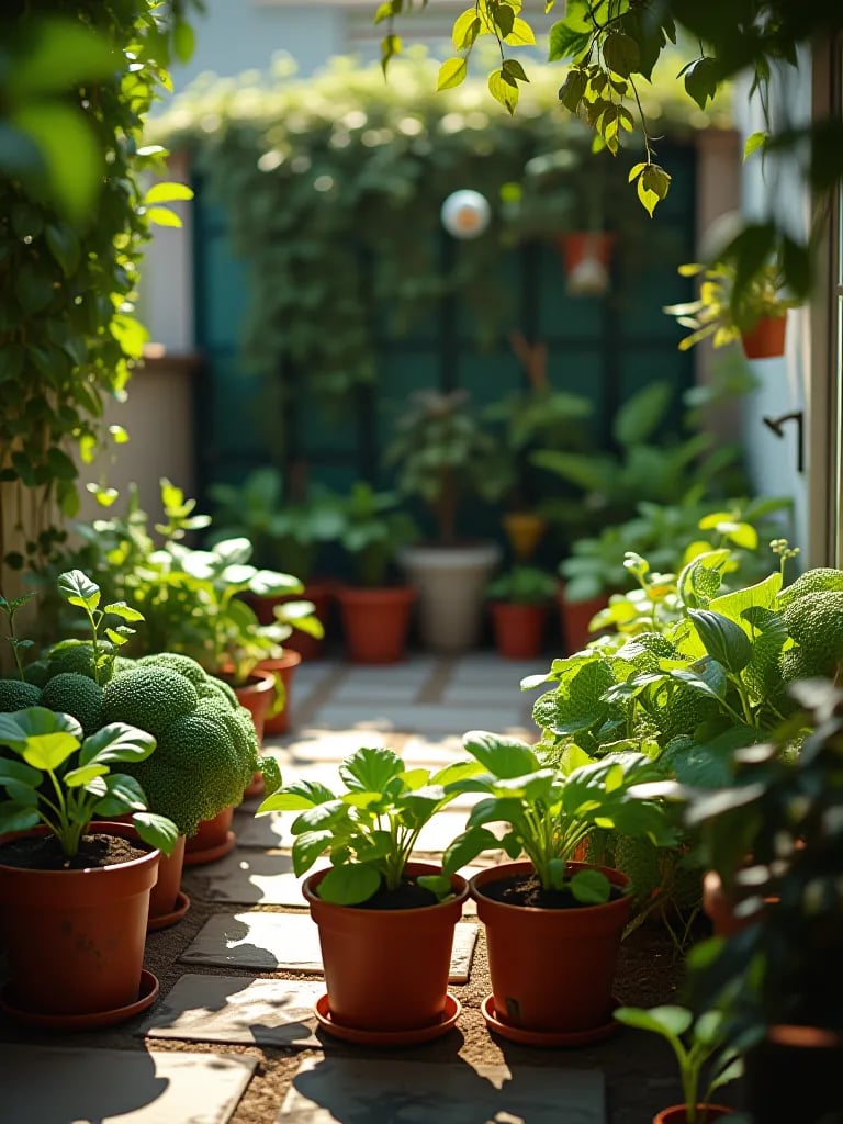 Patio container garden with vegetables and DIY compost tea setup