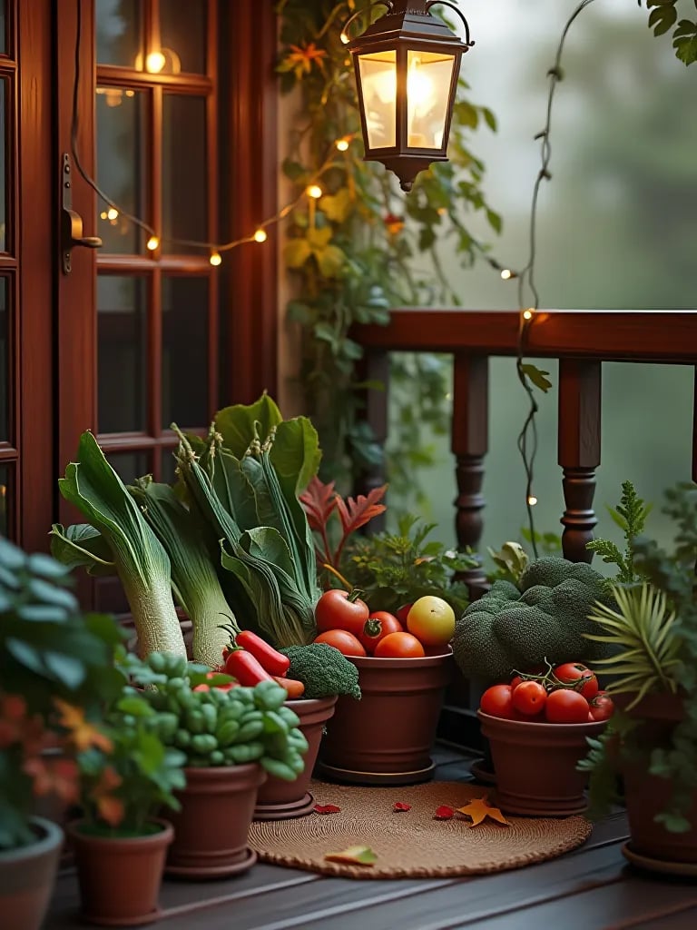 Patio corner with cold hardy vegetables in containers, warm lights, and autumn ambiance