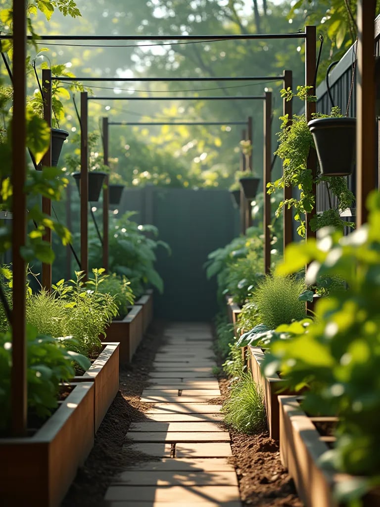Patio garden with raised beds, trellises, and containers for diverse vegetables
