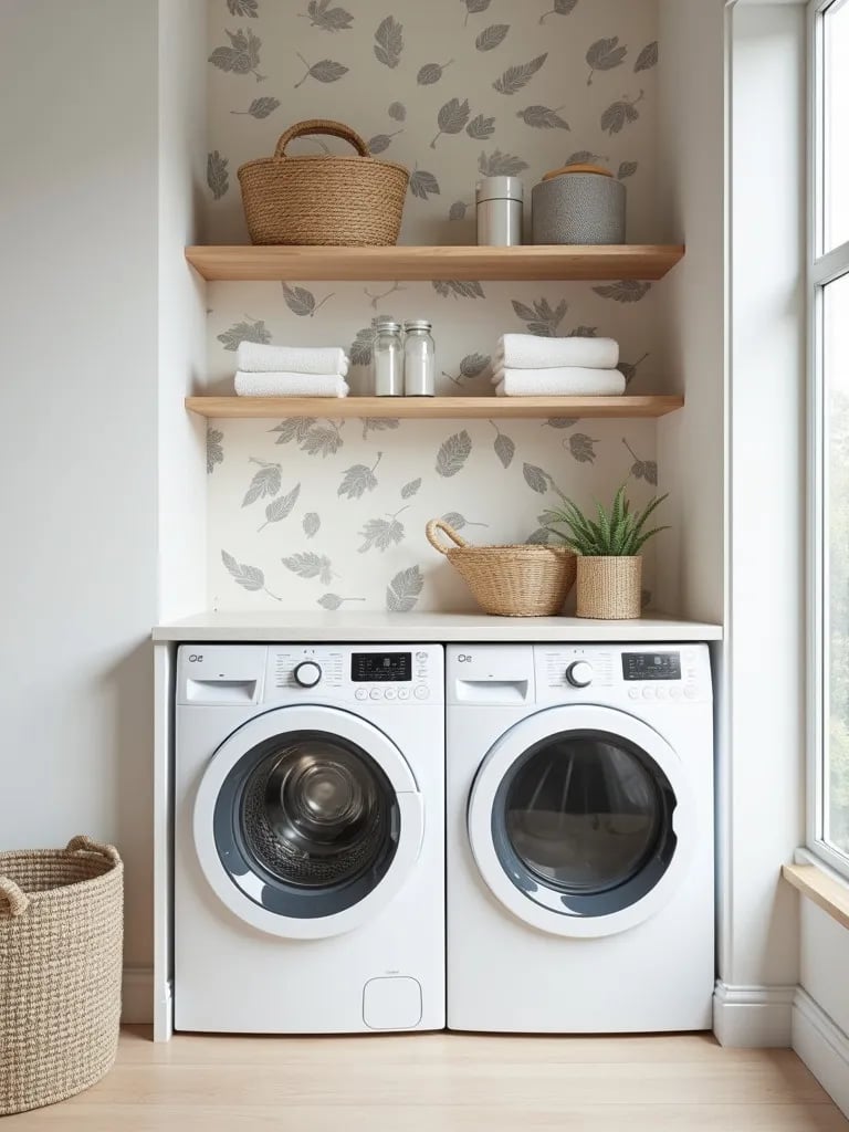 Peaceful Nordic style laundry room with subtle wallpaper and open shelving