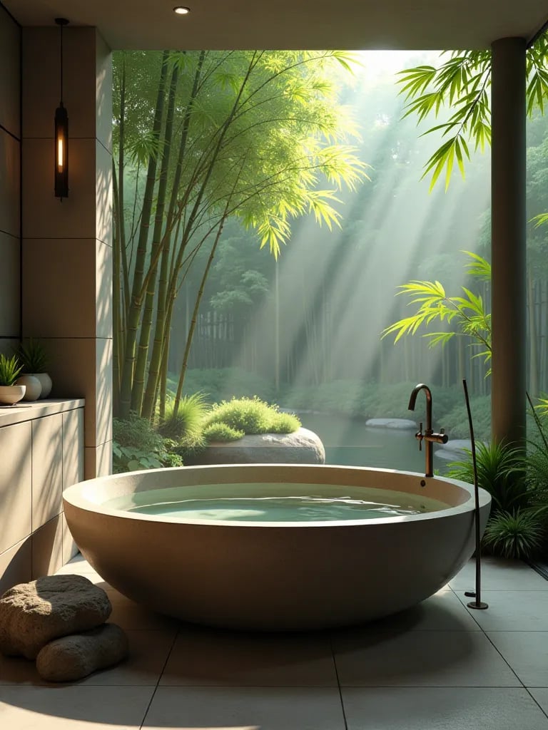 Peaceful bathroom with stone bathtub surrounded by river rocks and bamboo