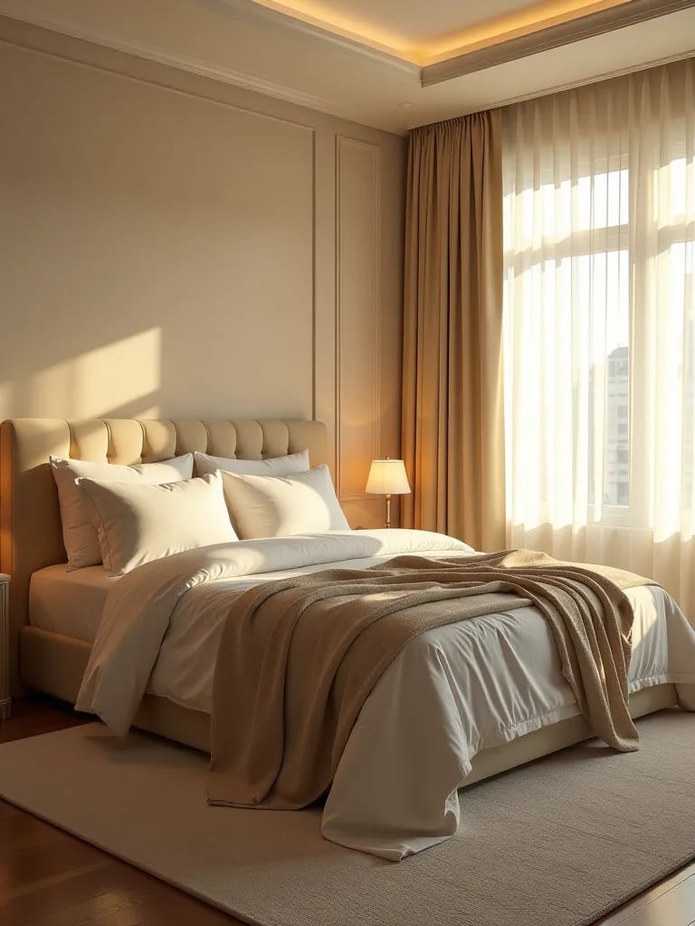 Peaceful bedroom featuring luxurious bed and gentle sunlight