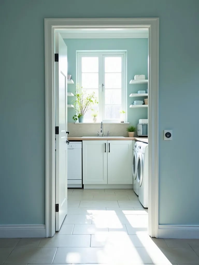 Peaceful blue and white laundry room bathed in natural light