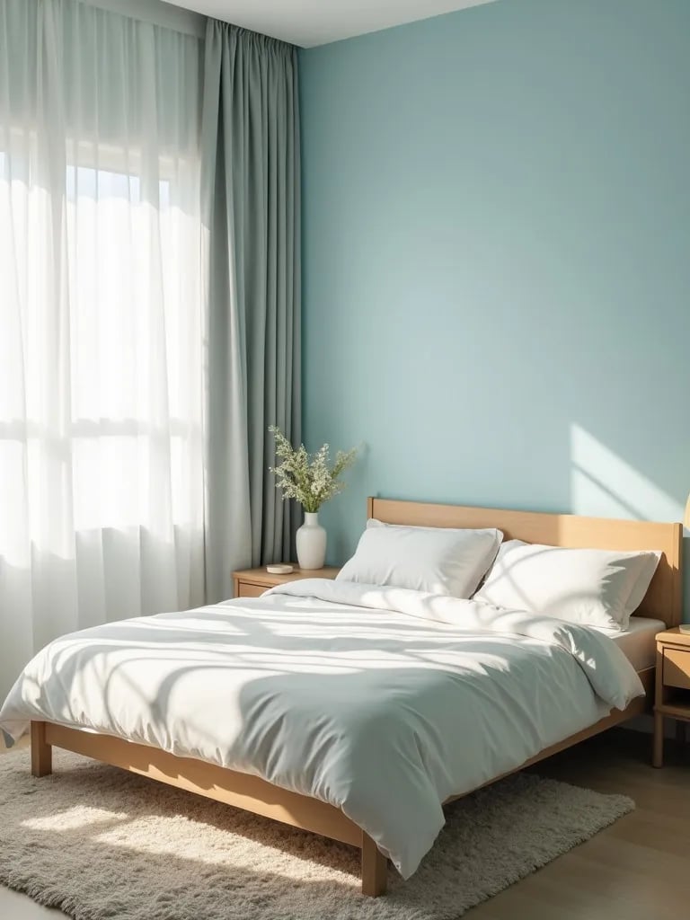 Peaceful blue bedroom with warm sunlight and cozy decor