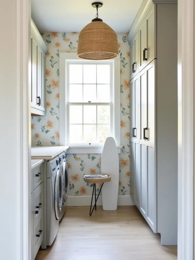 Peaceful laundry area featuring soft floral wallpaper and elegant fixtures
