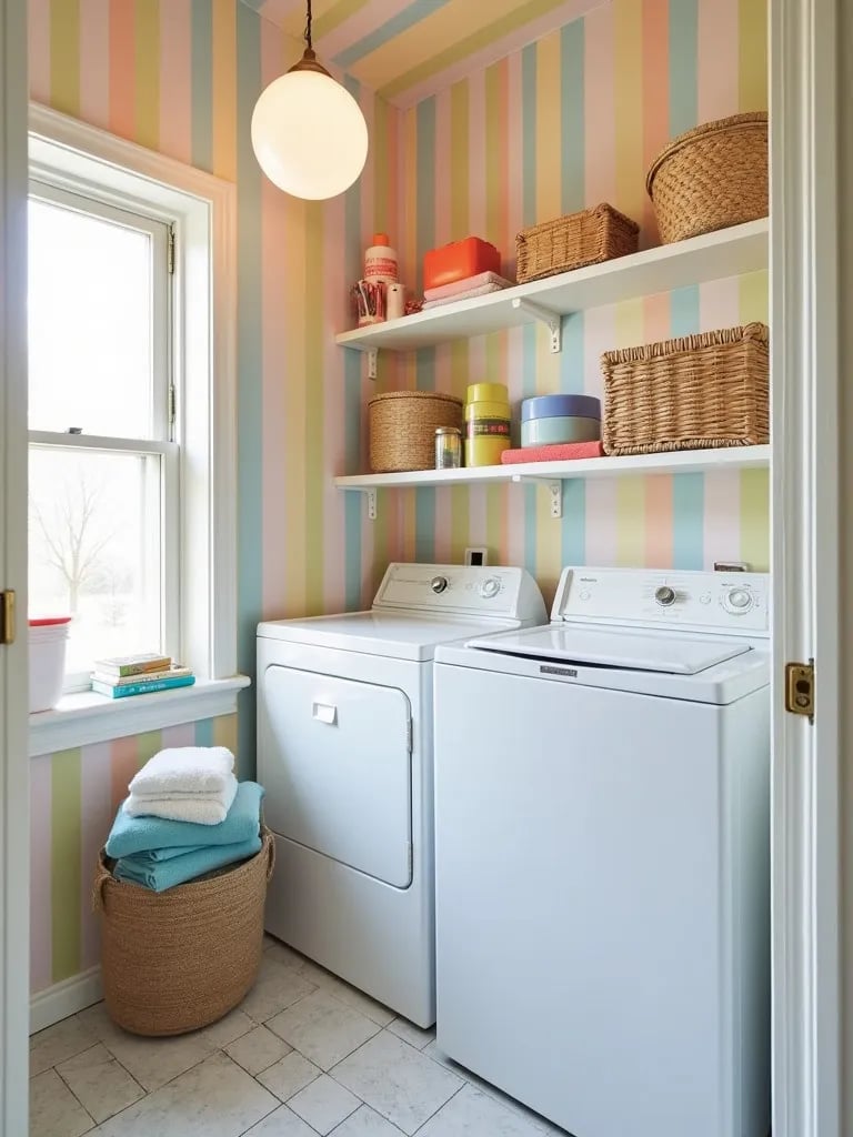 Playful laundry room featuring pastel rainbow wallpaper and bubble pendant light