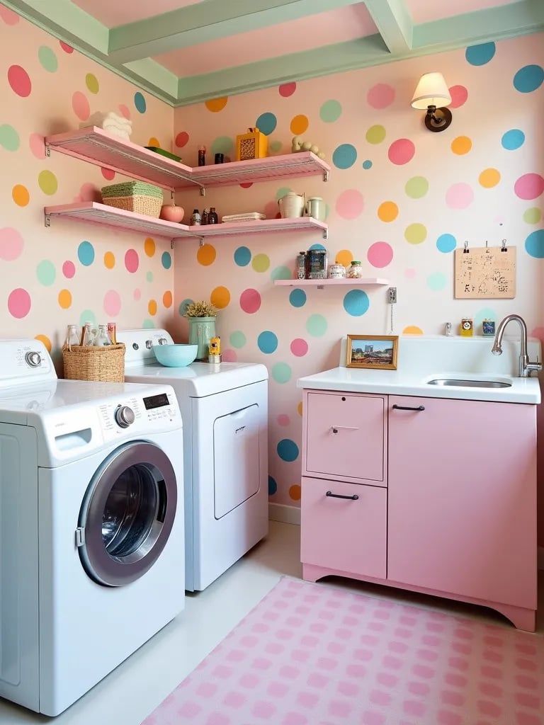 Playful laundry room with bubble pattern wallpaper and pastel appliances
