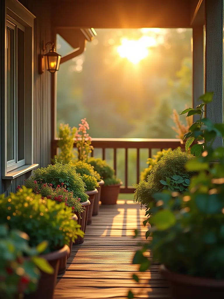 Porch at dawn with strategically arranged container vegetables and gardening systems