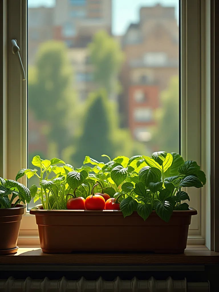 Productive container vegetable garden flourishing on a bright apartment windowsill