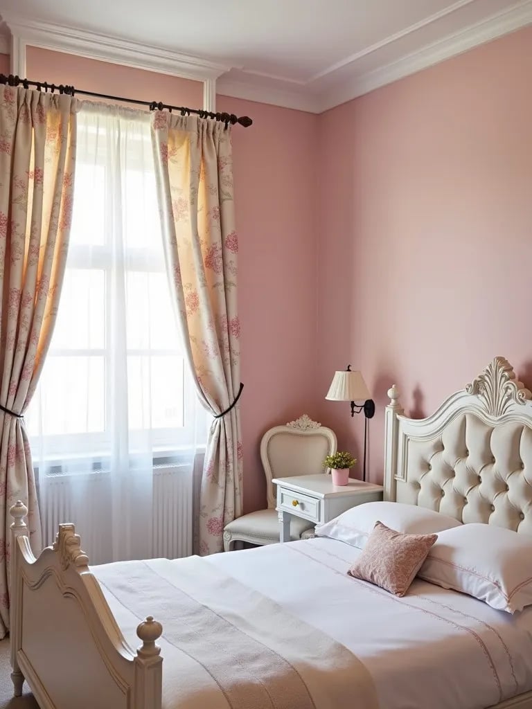 Romantic French country bedroom with blush pink walls and ornate decor