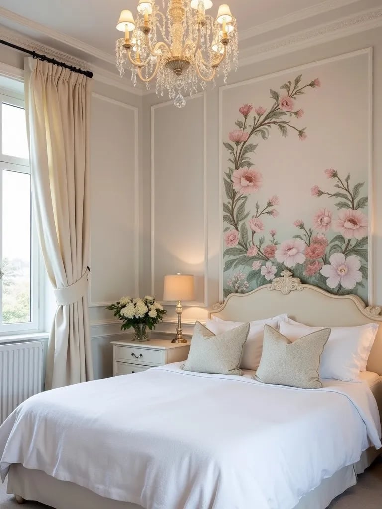 Romantic bedroom featuring delicate pastel floral wall mural and chandelier
