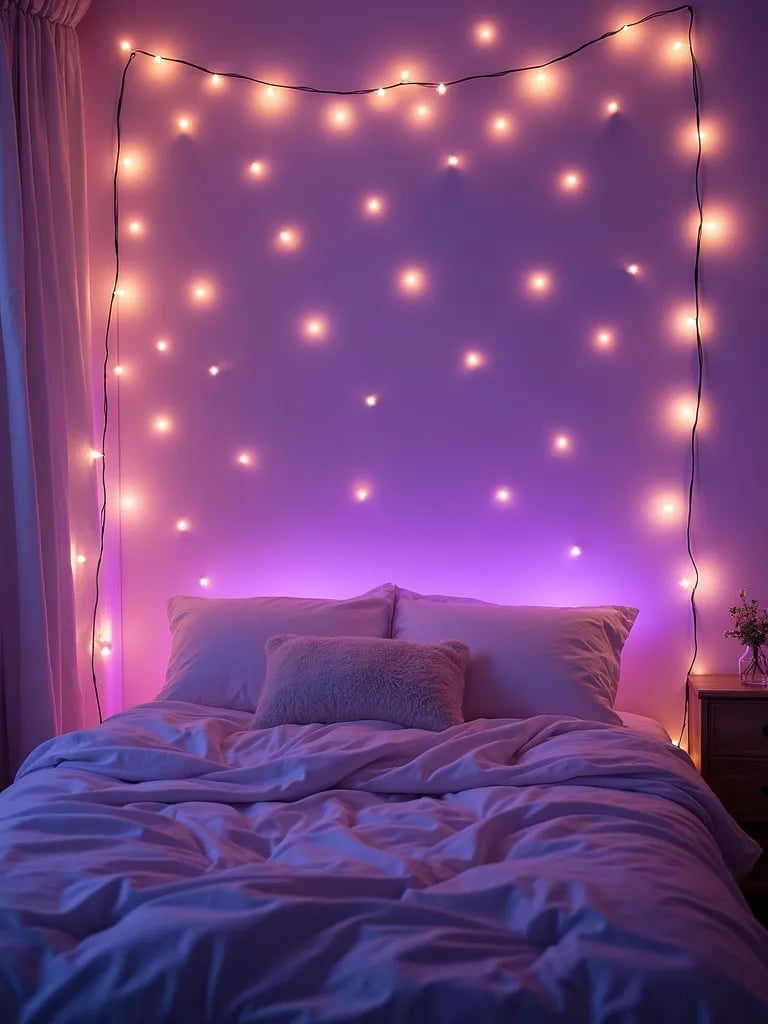Romantic lavender bedroom with string lights creating starry effect