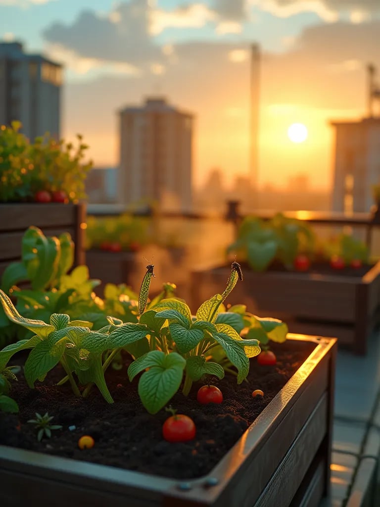 Rooftop container garden with beneficial insects on vegetable plants at sunrise