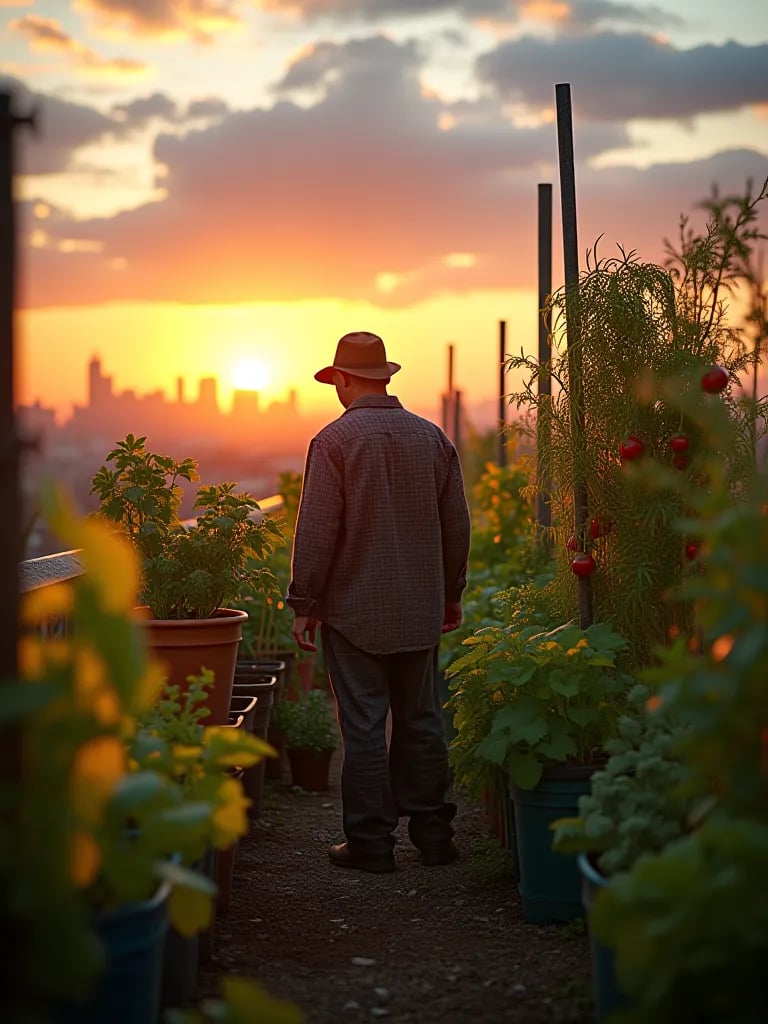 Rooftop container garden with climbing vegetables on trellises at sunset